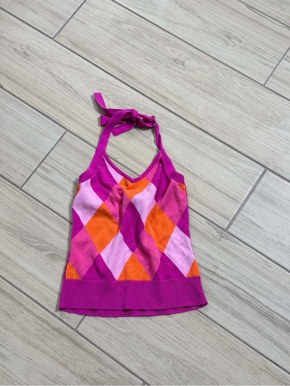 Vintage Austin Y2K Argyle Halter Top Pink Orange Knit Preppy Size S